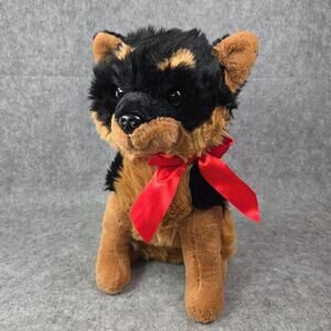 HugFun Rottweiler Dog Plush 14 Inch Brown Black Puppy Red Bow Stuffed Animal Toy